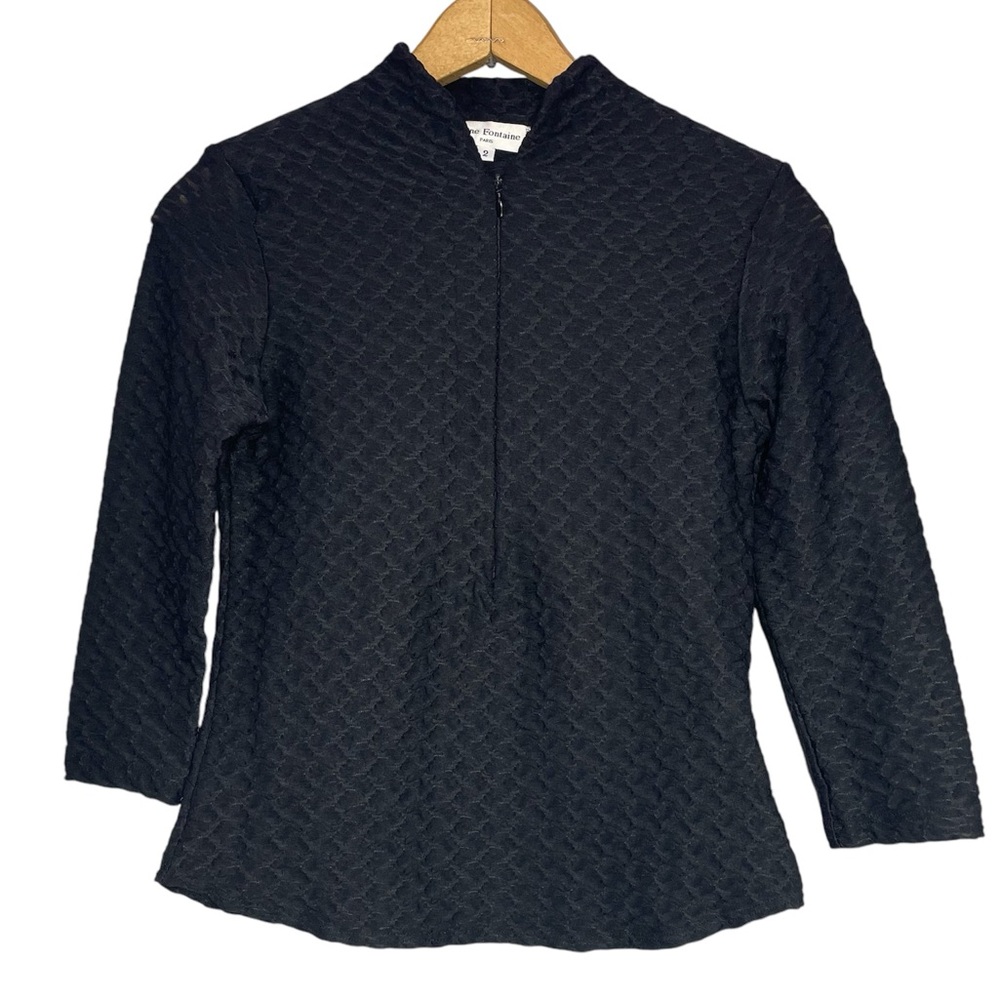 Anne Fontaine Chariva 3/4 Sleeve Shirt Top Size 2 XS S Black Shirred Textured